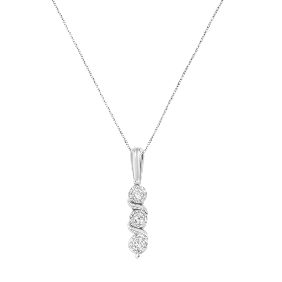 .925 Sterling Silver 1/10 cttw Miracle-Set Round Cut Diamond Three Stone Drop Pendant 18" Necklace (H-I color, I1-I2 clarity)