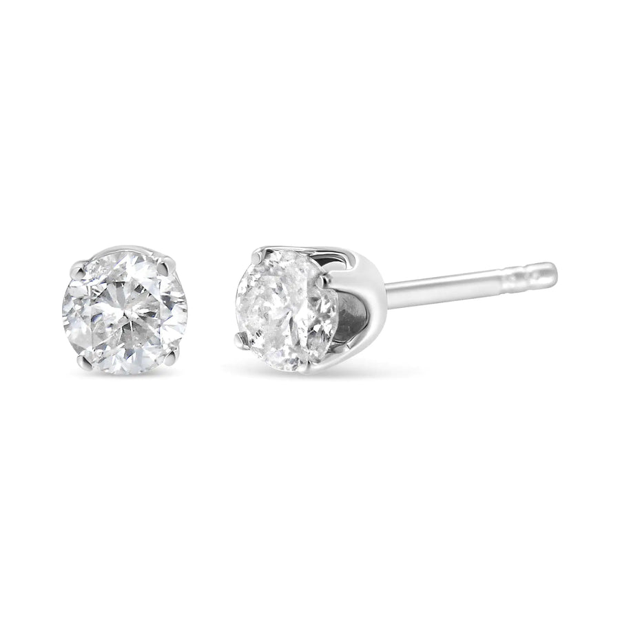 10K White Gold 1/10 Cttw Round Brilliant-Cut Near Colorless Near Colorless Diamond Classic 4-Prong Stud Earrings (I-J Color, I1-I2 Clarity)