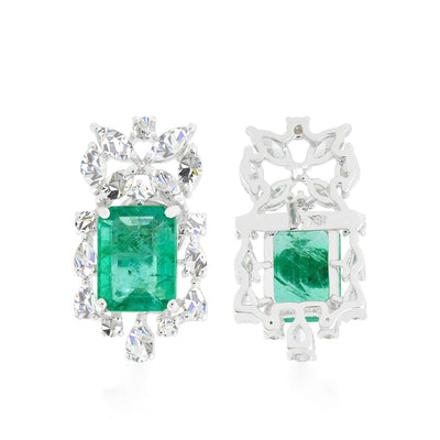 6 Carat H/SI Natural Diamond Zambian Emerald Stud Earrings 18k White Solid Gold