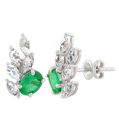 2.60 Carat Zambian Emerald Leaf Stud 10k White Gold SI/H Natural Diamond Earrings