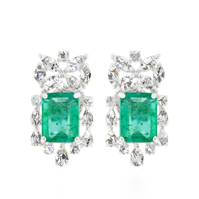 6 Carat H/SI Natural Diamond Zambian Emerald Stud Earrings 18k White Solid Gold