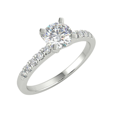 0.60 Carat Round Cut Solitaire Pave Diamond Engagement Ring in 14K White Gold SI2 Clarity, E Color