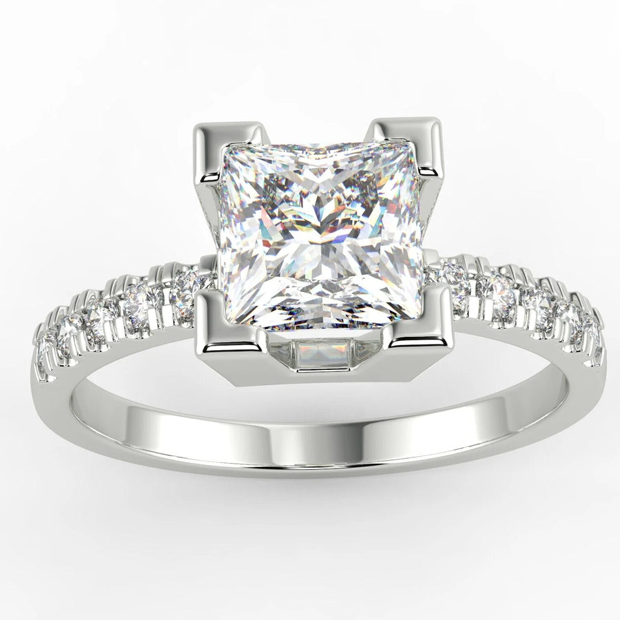 1.35 Carat Princess VS2/I Solitaire Pave Natural Diamond Engagement Ring 14K White Gold