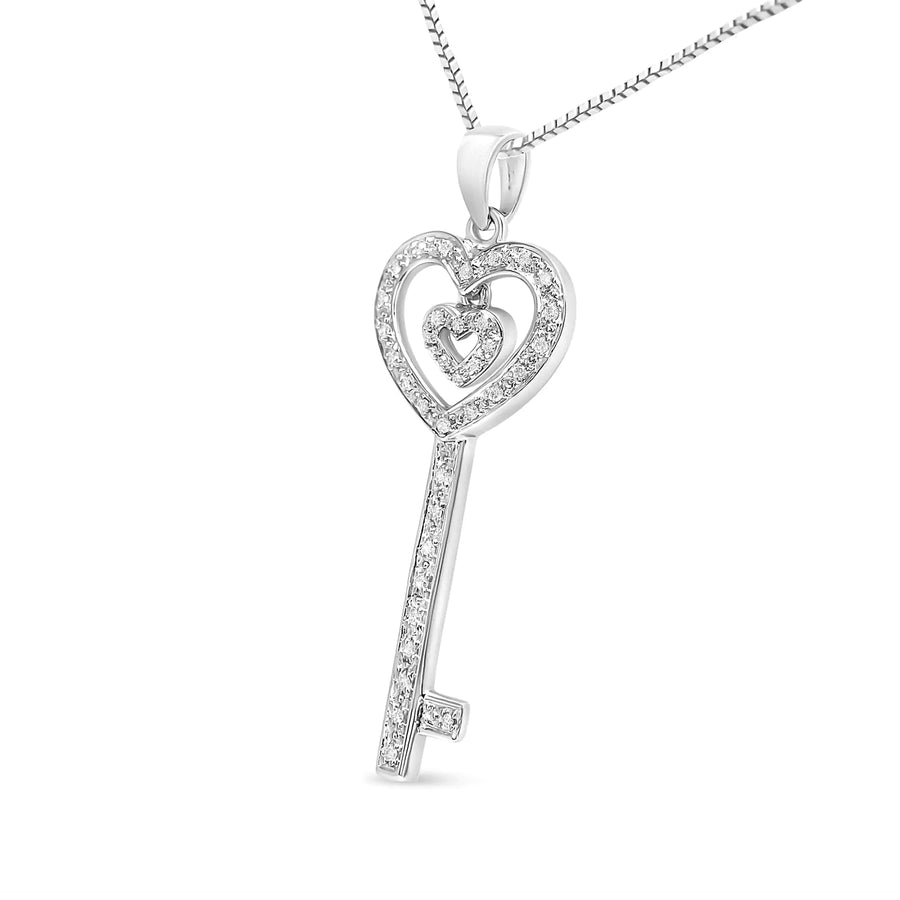 .925 Sterling Silver 1/5 Cttw Round-Cut Diamond Double Heart & Key 18" Pendant Necklace (I-J Color, I3 Clarity)