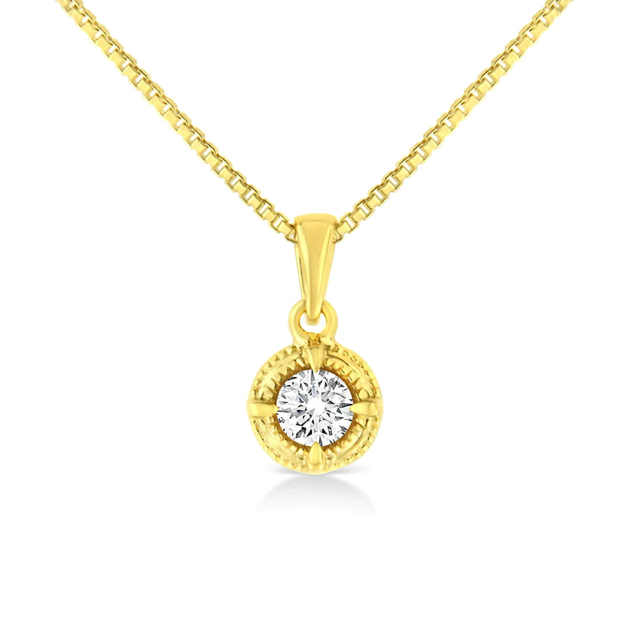 14K Yellow Gold Plated .925 Sterling Silver Brilliant Round Cut Diamond Solitaire Milgrain 18" Pendant Necklace