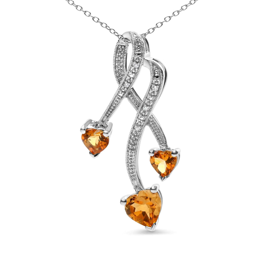 .925 Sterling Silver 3-Stone Heart Shape Citrine and Diamond Accent Spiral Drop 18" Pendant Necklace (H-I Color, SI1-SI2 Clarity)